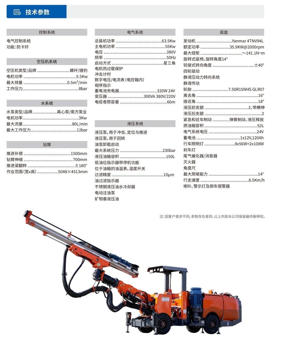 礦用液壓掘進鉆車技術參數